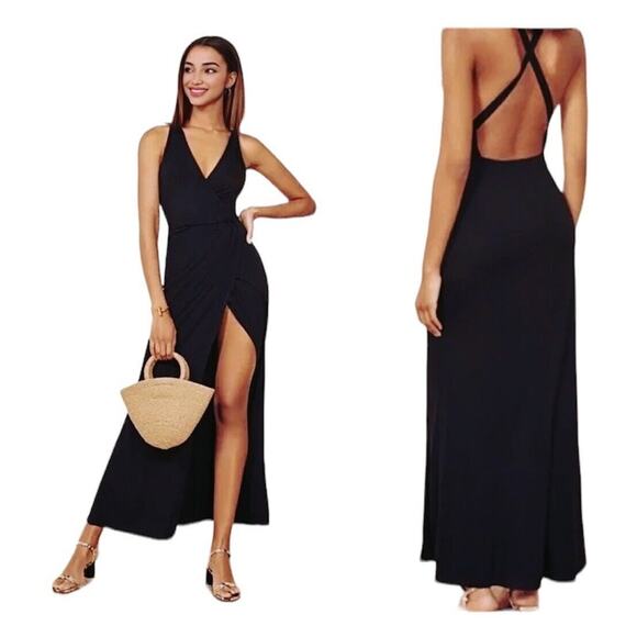 Reformation Sexy Black Vienna Maxi Deep-V Front Criss Cross Back High Slit XS - Picture 2 of 13